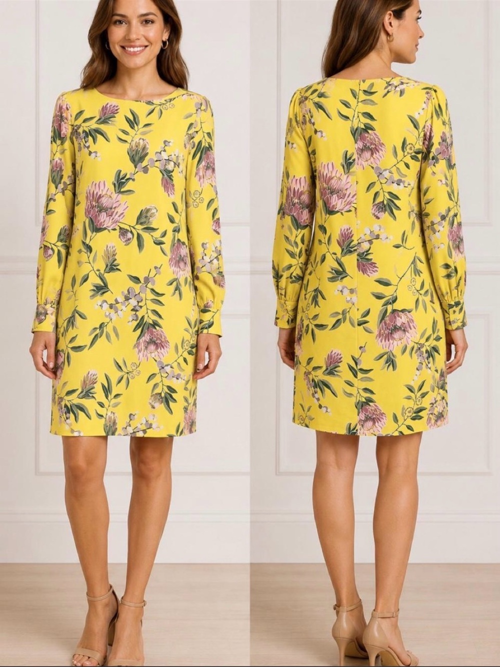 LOFT Yellow Floral Boatneck Shift Dress Long Sleeve Sz 10